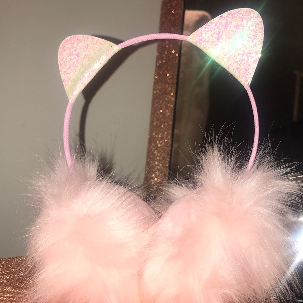 Pink furry sequins cat earmuffs